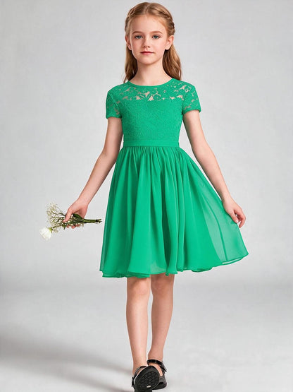 Burgundy Lace Chiffon Flower Girl Dress Short Sleeve Keyhole Back Knee Length Kids Formal Gown