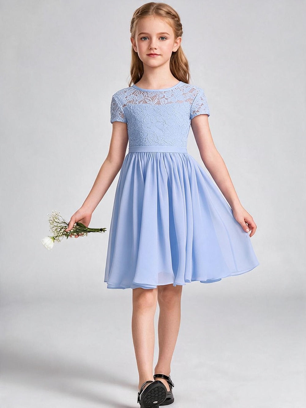 Burgundy Lace Chiffon Flower Girl Dress Short Sleeve Keyhole Back Knee Length Kids Formal Gown