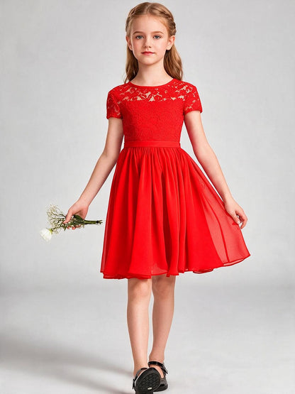 Burgundy Lace Chiffon Flower Girl Dress Short Sleeve Keyhole Back Knee Length Kids Formal Gown