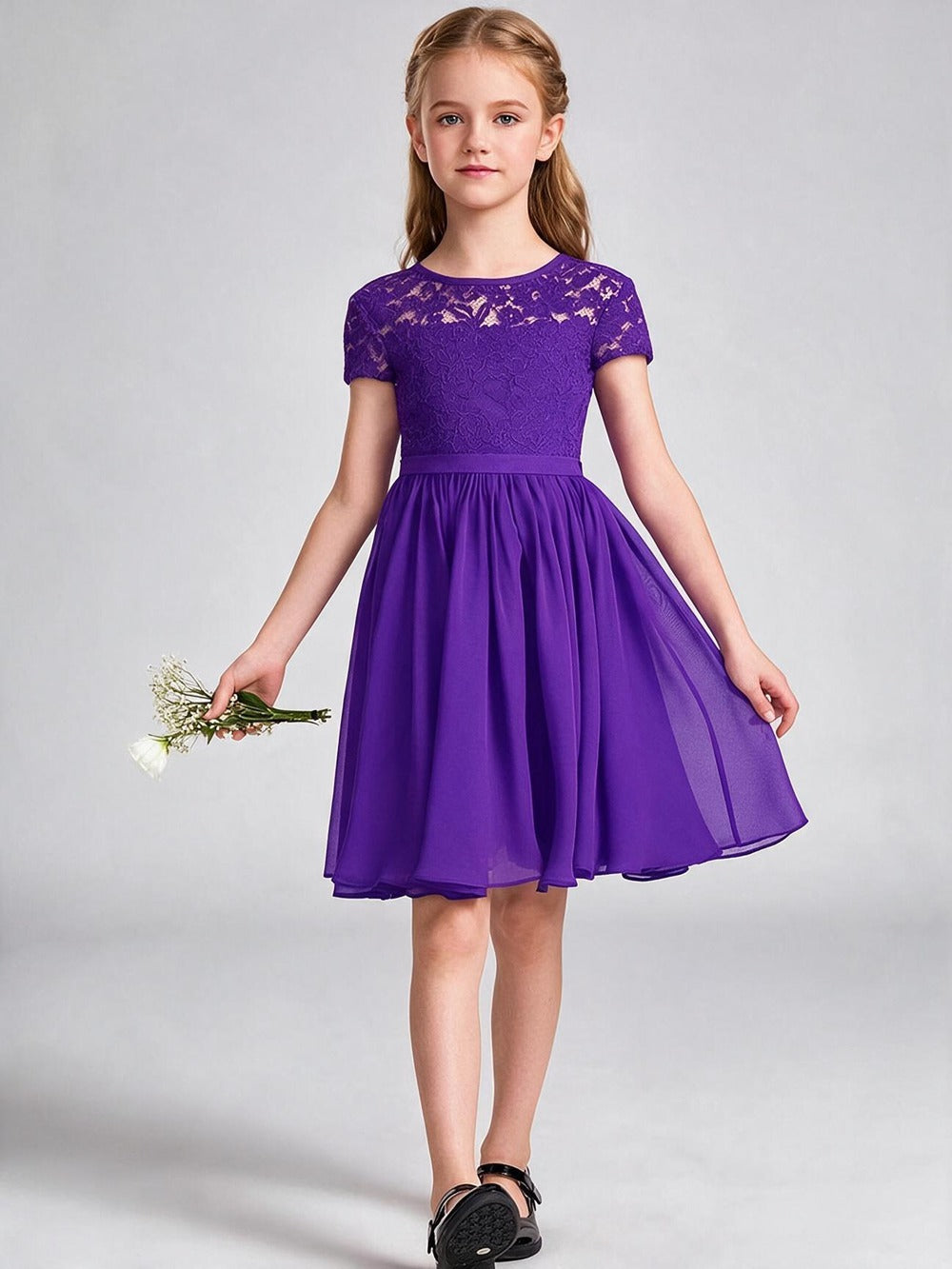 Burgundy Lace Chiffon Flower Girl Dress Short Sleeve Keyhole Back Knee Length Kids Formal Gown