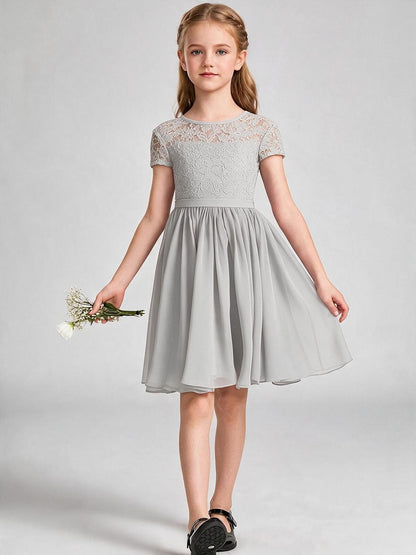 Burgundy Lace Chiffon Flower Girl Dress Short Sleeve Keyhole Back Knee Length Kids Formal Gown