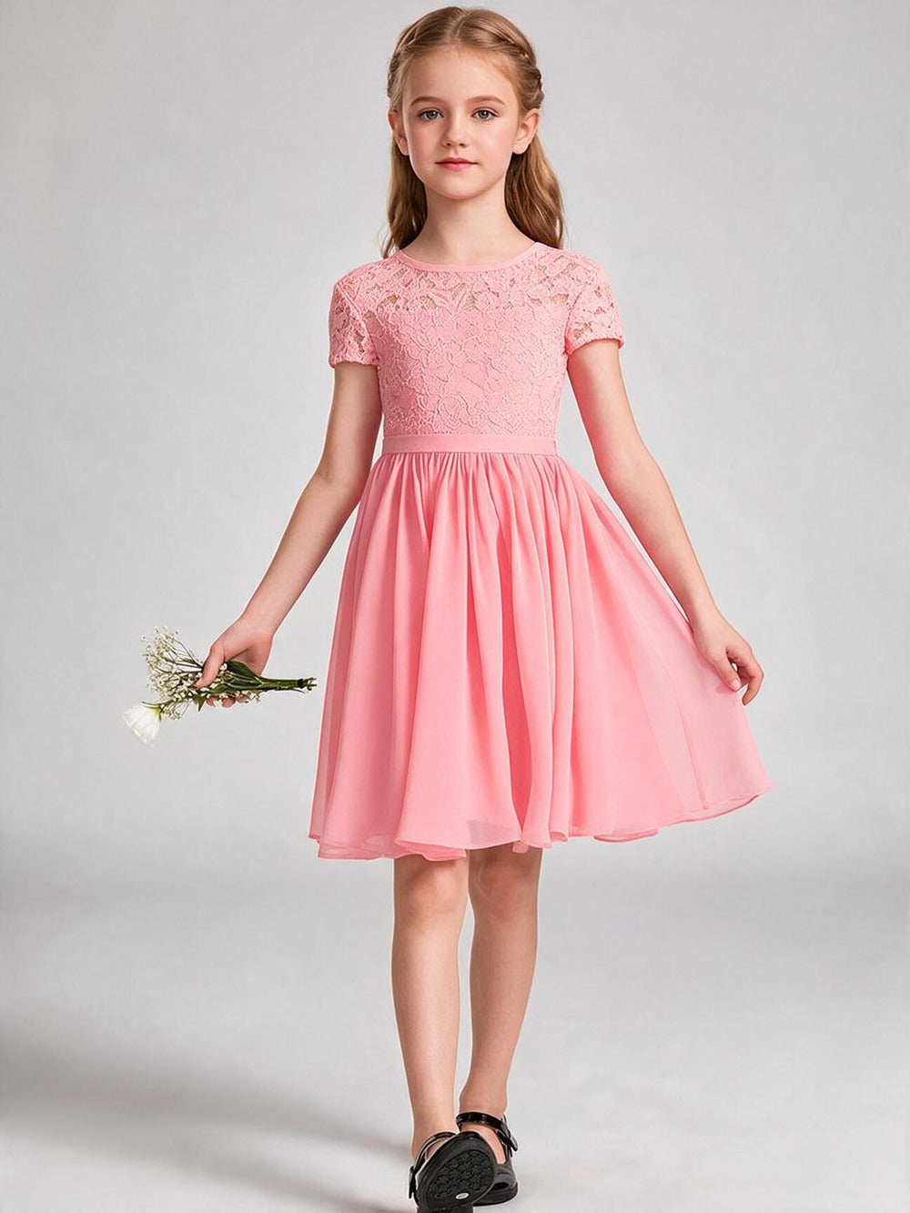 Burgundy Lace Chiffon Flower Girl Dress Short Sleeve Keyhole Back Knee Length Kids Formal Gown