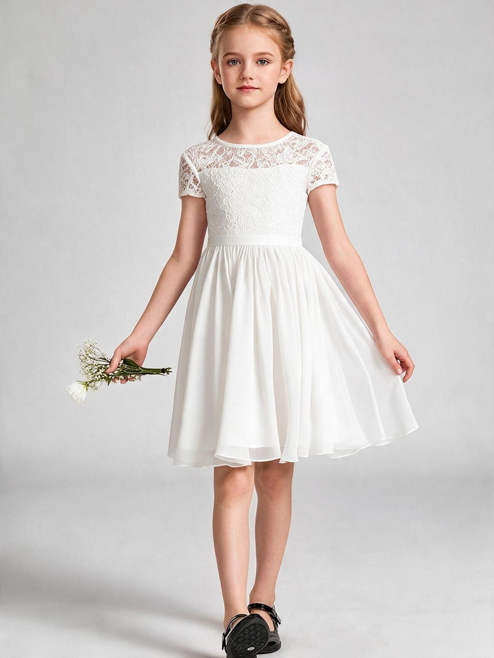 Burgundy Lace Chiffon Flower Girl Dress Short Sleeve Keyhole Back Knee Length Kids Formal Gown
