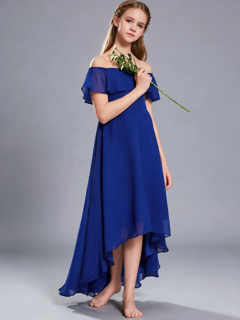 Royal Blue Off The Shoulder Chiffon Flower Girl Dress Ruffle Hi-Lo Kids Formal Party Gown
