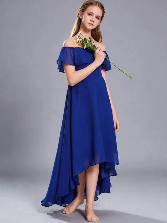 Royal Blue Off The Shoulder Chiffon Flower Girl Dress Ruffle Hi-Lo Kids Formal Party Gown