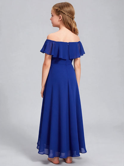 Royal Blue Off The Shoulder Chiffon Flower Girl Dress Ruffle Hi-Lo Kids Formal Party Gown