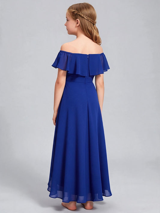 Royal Blue Off The Shoulder Chiffon Flower Girl Dress Ruffle Hi-Lo Kids Formal Party Gown