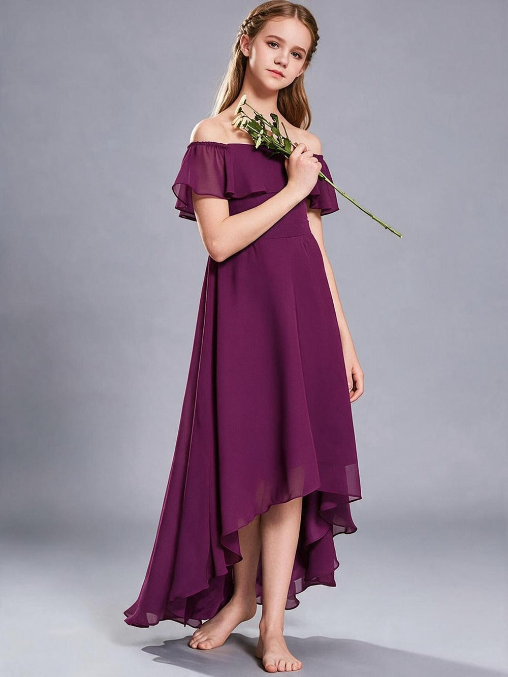 Royal Blue Off The Shoulder Chiffon Flower Girl Dress Ruffle Hi-Lo Kids Formal Party Gown