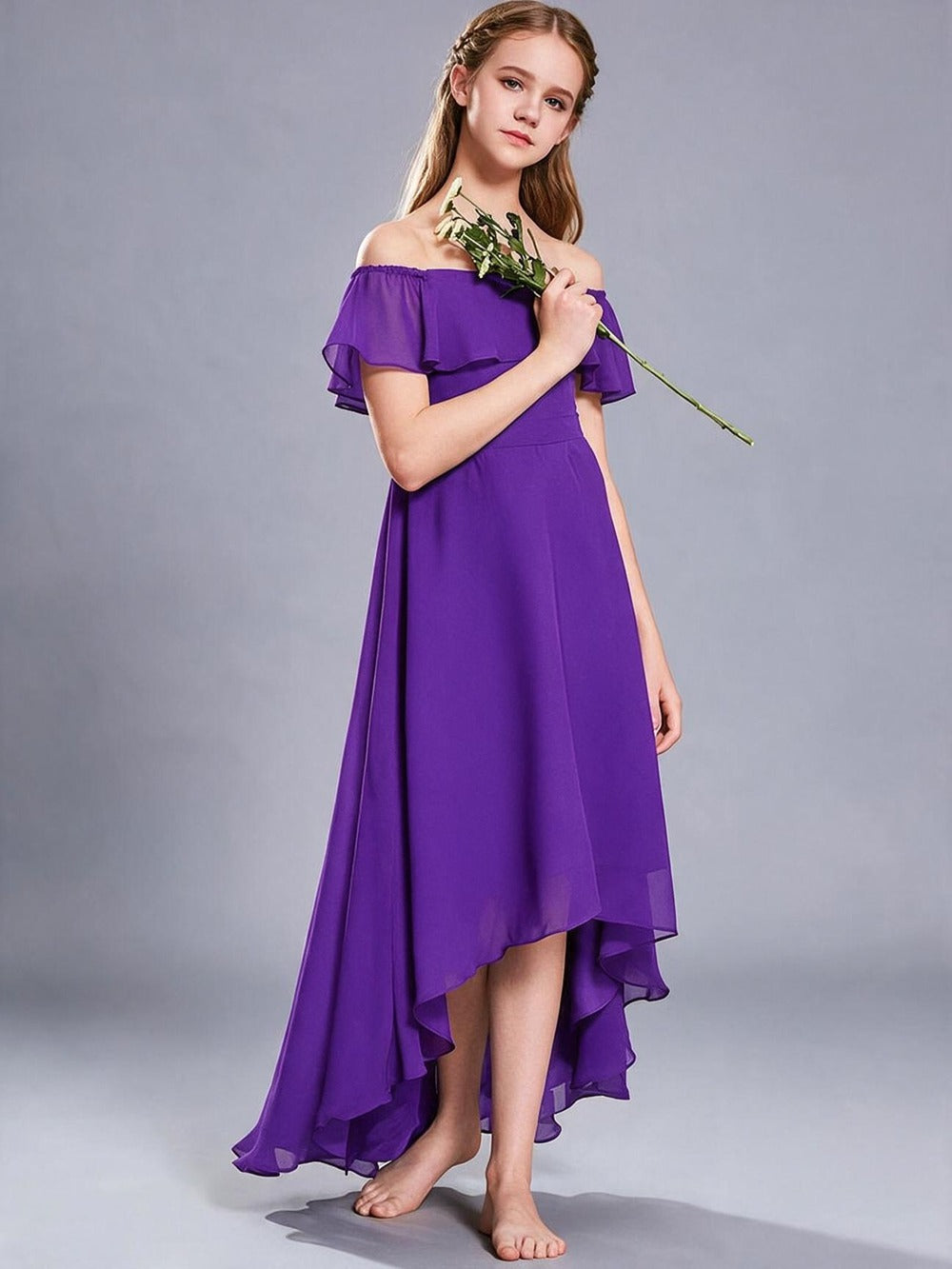 Royal Blue Off The Shoulder Chiffon Flower Girl Dress Ruffle Hi-Lo Kids Formal Party Gown