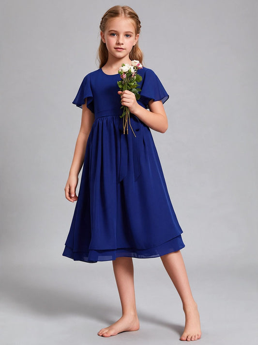 Royal Blue Chiffon Flower Girl Dress Flutter Sleeve Midi Kids Formal Party Gown