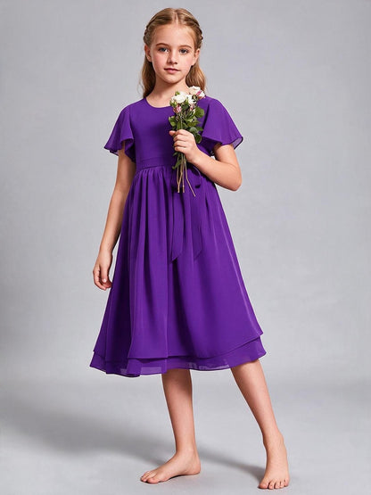 Royal Blue Chiffon Flower Girl Dress Flutter Sleeve Midi Kids Formal Party Gown