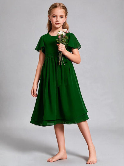 Royal Blue Chiffon Flower Girl Dress Flutter Sleeve Midi Kids Formal Party Gown