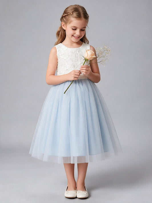 3D Floral Applique Tulle Flower Girl Dress Sleeveless V Back with Big Bow, Kids Formal Midi Gown