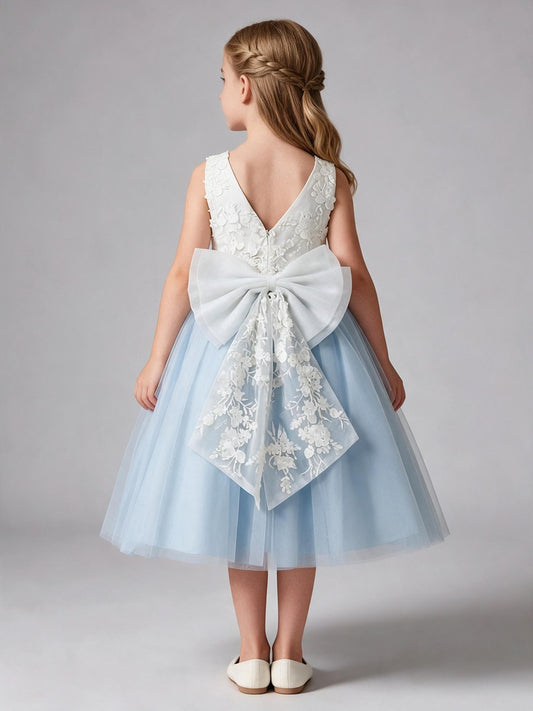 3D Floral Applique Tulle Flower Girl Dress Sleeveless V Back with Big Bow, Kids Formal Midi Gown