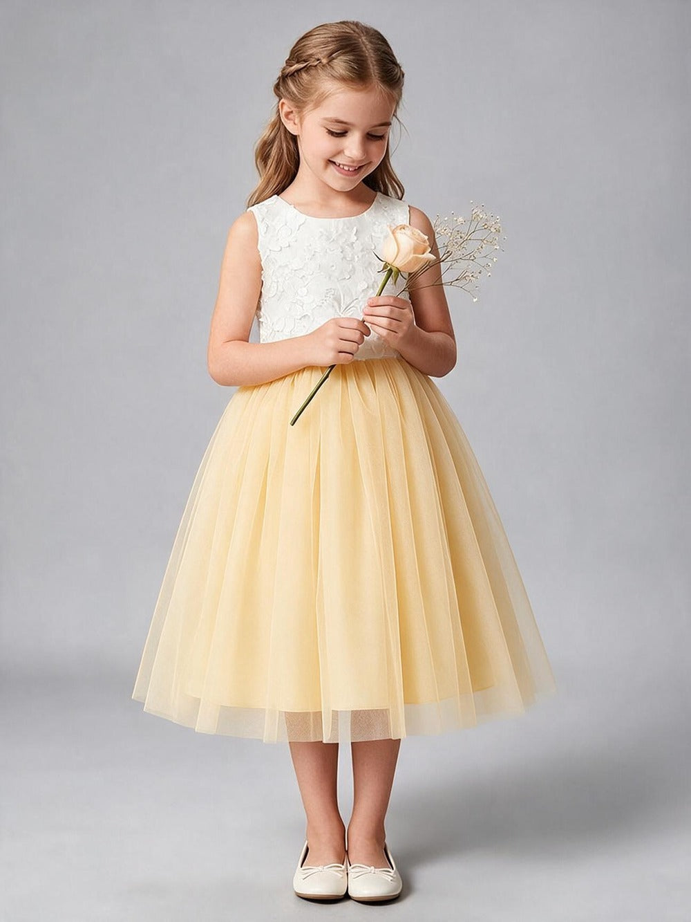 3D Floral Applique Tulle Flower Girl Dress Sleeveless V Back with Big Bow, Kids Formal Midi Gown