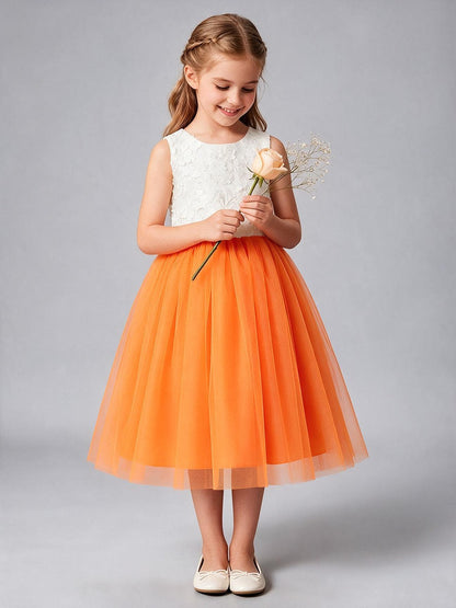 3D Floral Applique Tulle Flower Girl Dress Sleeveless V Back with Big Bow, Kids Formal Midi Gown