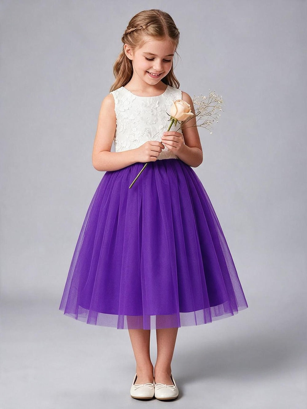 3D Floral Applique Tulle Flower Girl Dress Sleeveless V Back with Big Bow, Kids Formal Midi Gown