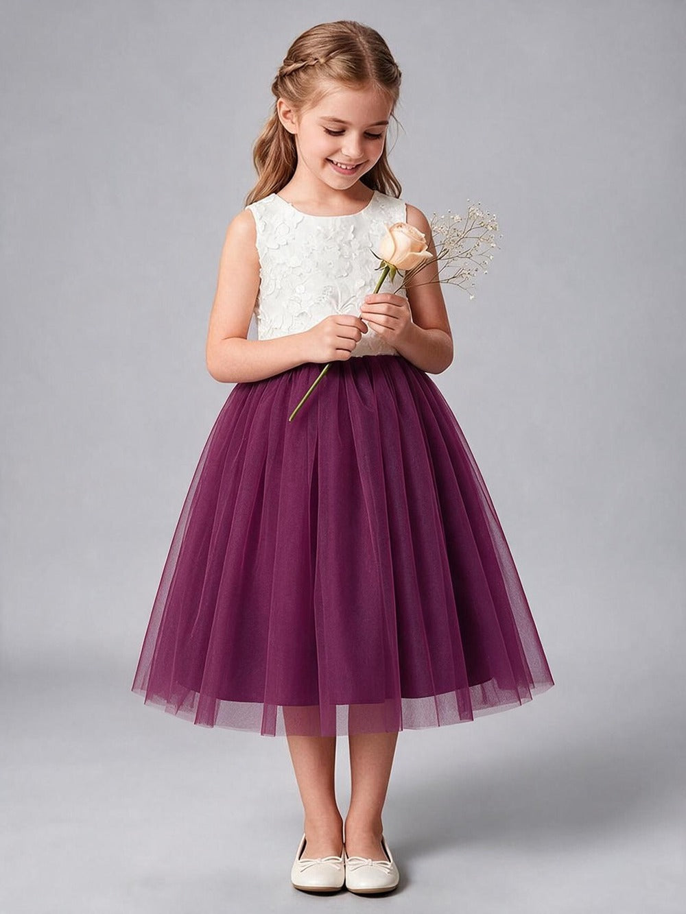 3D Floral Applique Tulle Flower Girl Dress Sleeveless V Back with Big Bow, Kids Formal Midi Gown