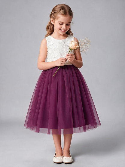 3D Floral Applique Tulle Flower Girl Dress Sleeveless V Back with Big Bow, Kids Formal Midi Gown
