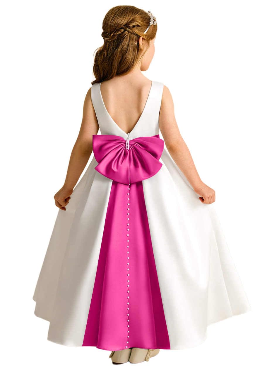 Sleeveless Satin Flower Girl Dress, A-Line Floor Length Gown with Big Bow & Pearl Back, Kids Wedding First Communion Dress