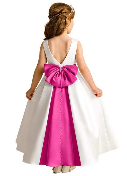 Sleeveless Satin Flower Girl Dress, A-Line Floor Length Gown with Big Bow & Pearl Back, Kids Wedding First Communion Dress