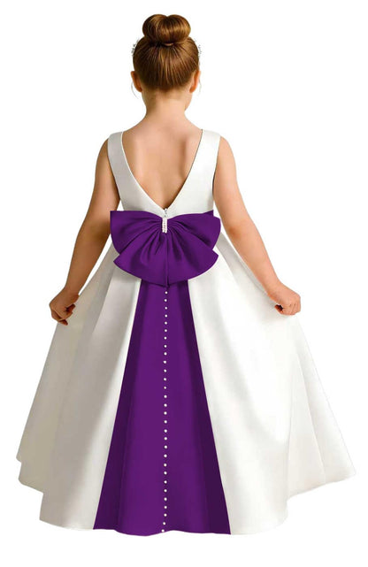 Sleeveless Satin Flower Girl Dress, A-Line Floor Length Gown with Big Bow & Pearl Back, Kids Wedding First Communion Dress