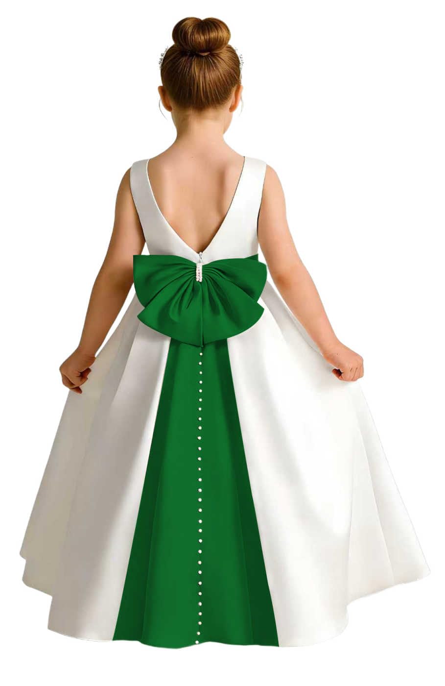 Sleeveless Satin Flower Girl Dress, A-Line Floor Length Gown with Big Bow & Pearl Back, Kids Wedding First Communion Dress