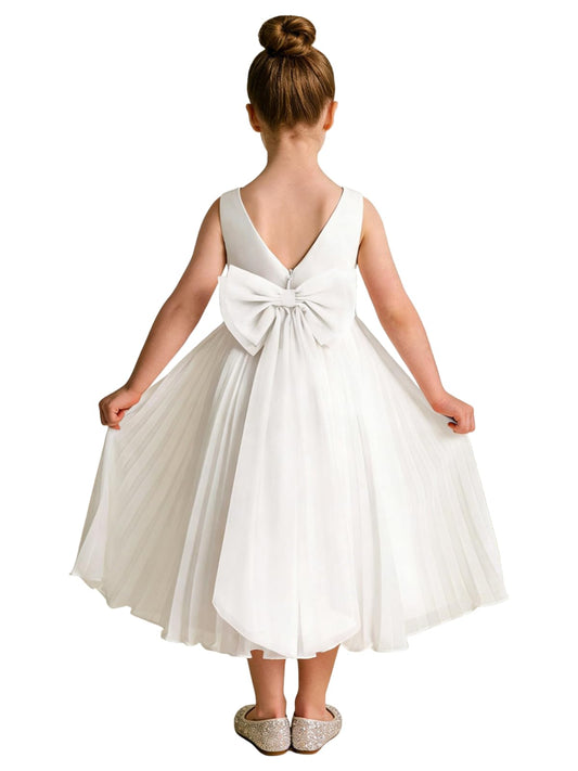 Sleeveless Chiffon Pleated Flower Girl Dress, Sage Green Sash & Big Bow Back, Kids Midi Formal Gown for Wedding