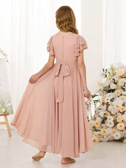 Chiffon Flower Girl Dress, Ruffle Flutter Sleeve Floor Length Junior Bridesmaid Dress with Sash Bow