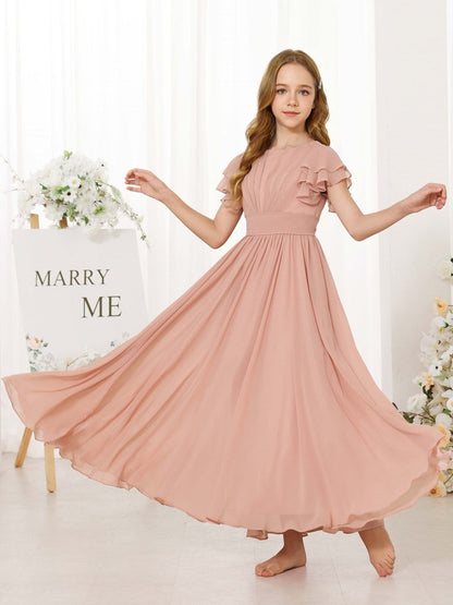 Chiffon Flower Girl Dress, Ruffle Flutter Sleeve Floor Length Junior Bridesmaid Dress with Sash Bow