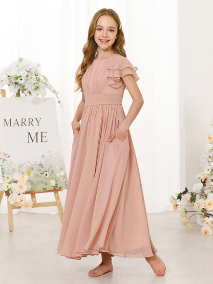 Chiffon Flower Girl Dress, Ruffle Flutter Sleeve Floor Length Junior Bridesmaid Dress with Sash Bow