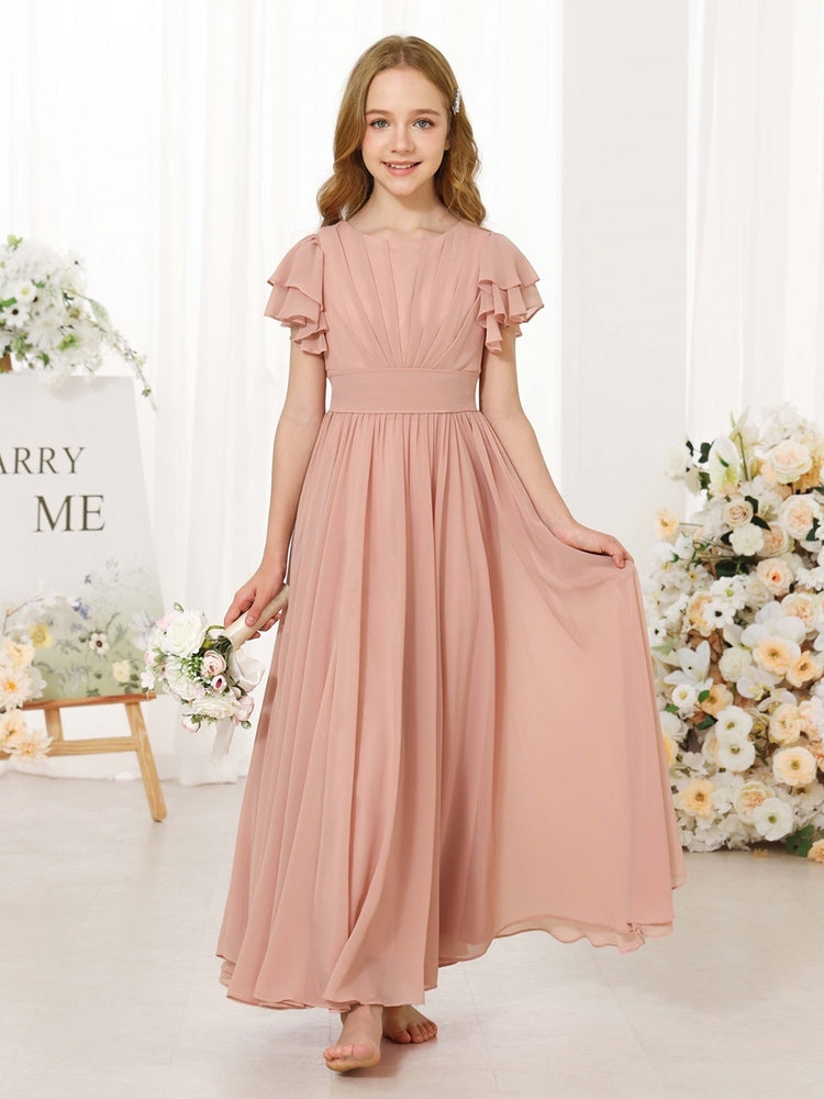 Chiffon Flower Girl Dress, Ruffle Flutter Sleeve Floor Length Junior Bridesmaid Dress with Sash Bow
