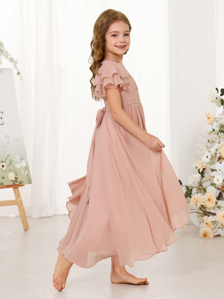 Chiffon Flower Girl Dress, Ruffle Flutter Sleeve Floor Length Junior Bridesmaid Dress with Sash Bow