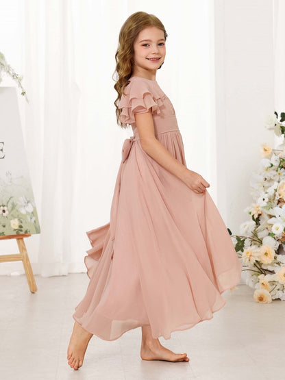 Chiffon Flower Girl Dress, Ruffle Flutter Sleeve Floor Length Junior Bridesmaid Dress with Sash Bow