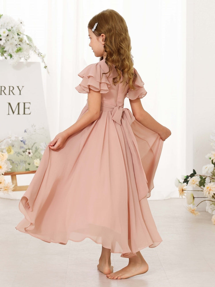 Chiffon Flower Girl Dress, Ruffle Flutter Sleeve Floor Length Junior Bridesmaid Dress with Sash Bow