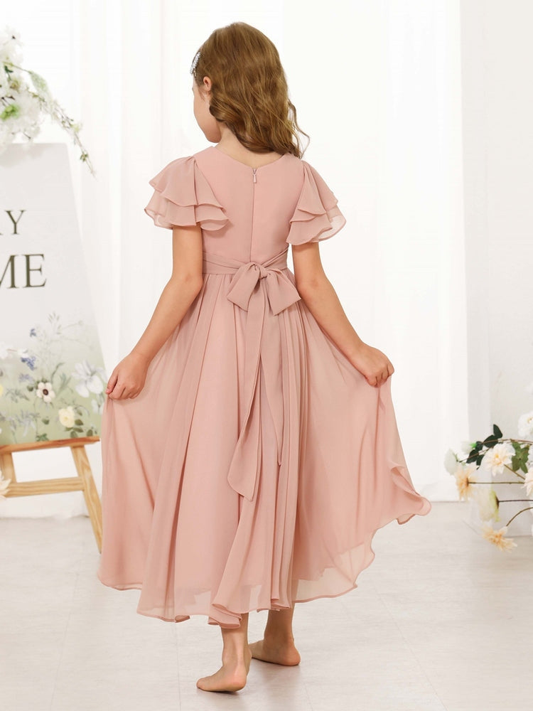 Chiffon Flower Girl Dress, Ruffle Flutter Sleeve Floor Length Junior Bridesmaid Dress with Sash Bow