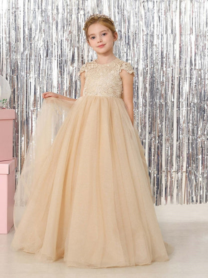 Champagne Lace Flower Girl Dress, Cap Sleeve Floor-Length Sparkly Tulle Princess Gown with Big Bow Back, Kids Pageant Birthday Wedding Party Dress