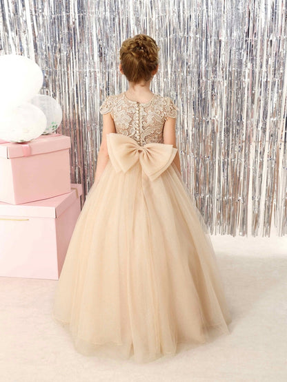Champagne Lace Flower Girl Dress, Cap Sleeve Floor-Length Sparkly Tulle Princess Gown with Big Bow Back, Kids Pageant Birthday Wedding Party Dress
