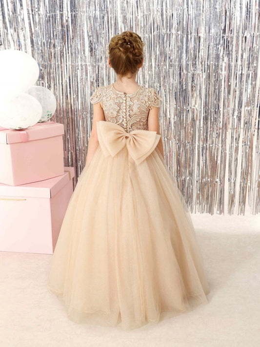 Champagne Lace Flower Girl Dress, Cap Sleeve Floor-Length Sparkly Tulle Princess Gown with Big Bow Back, Kids Pageant Birthday Wedding Party Dress