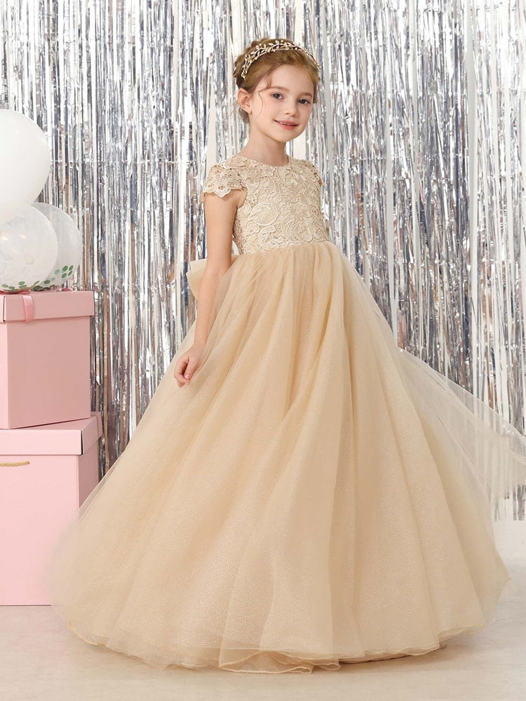 Champagne Lace Flower Girl Dress, Cap Sleeve Floor-Length Sparkly Tulle Princess Gown with Big Bow Back, Kids Pageant Birthday Wedding Party Dress