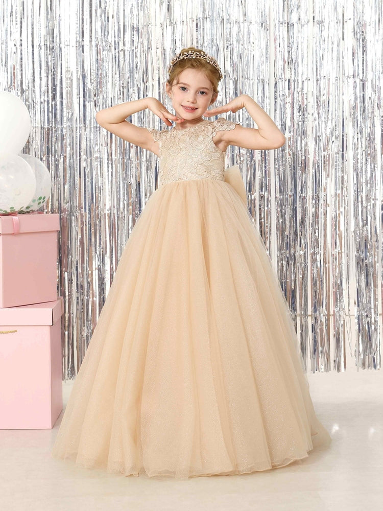 Champagne Lace Flower Girl Dress, Cap Sleeve Floor-Length Sparkly Tulle Princess Gown with Big Bow Back, Kids Pageant Birthday Wedding Party Dress