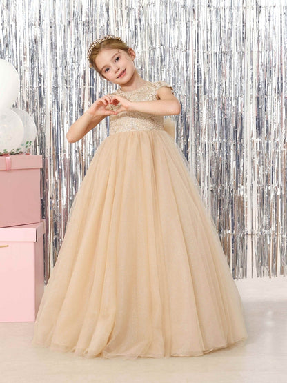 Champagne Lace Flower Girl Dress, Cap Sleeve Floor-Length Sparkly Tulle Princess Gown with Big Bow Back, Kids Pageant Birthday Wedding Party Dress