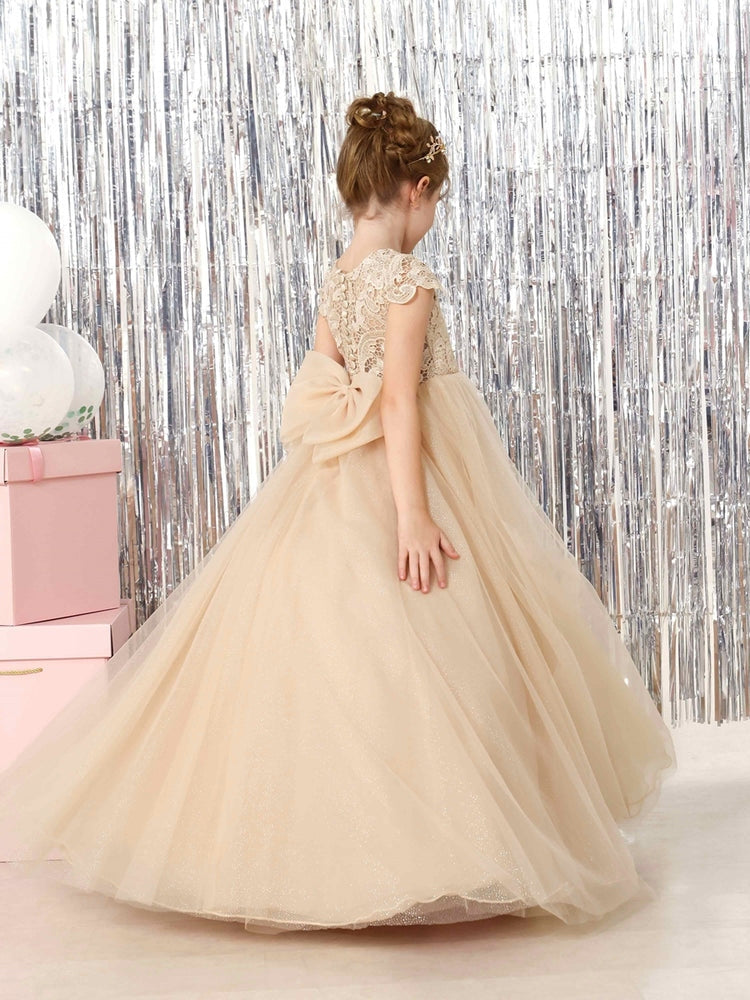 Champagne Lace Flower Girl Dress, Cap Sleeve Floor-Length Sparkly Tulle Princess Gown with Big Bow Back, Kids Pageant Birthday Wedding Party Dress