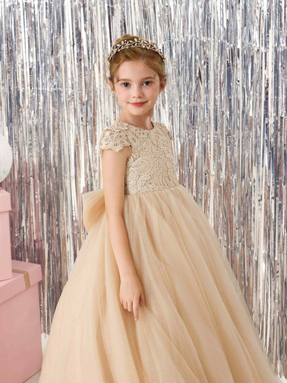 Champagne Lace Flower Girl Dress, Cap Sleeve Floor-Length Sparkly Tulle Princess Gown with Big Bow Back, Kids Pageant Birthday Wedding Party Dress