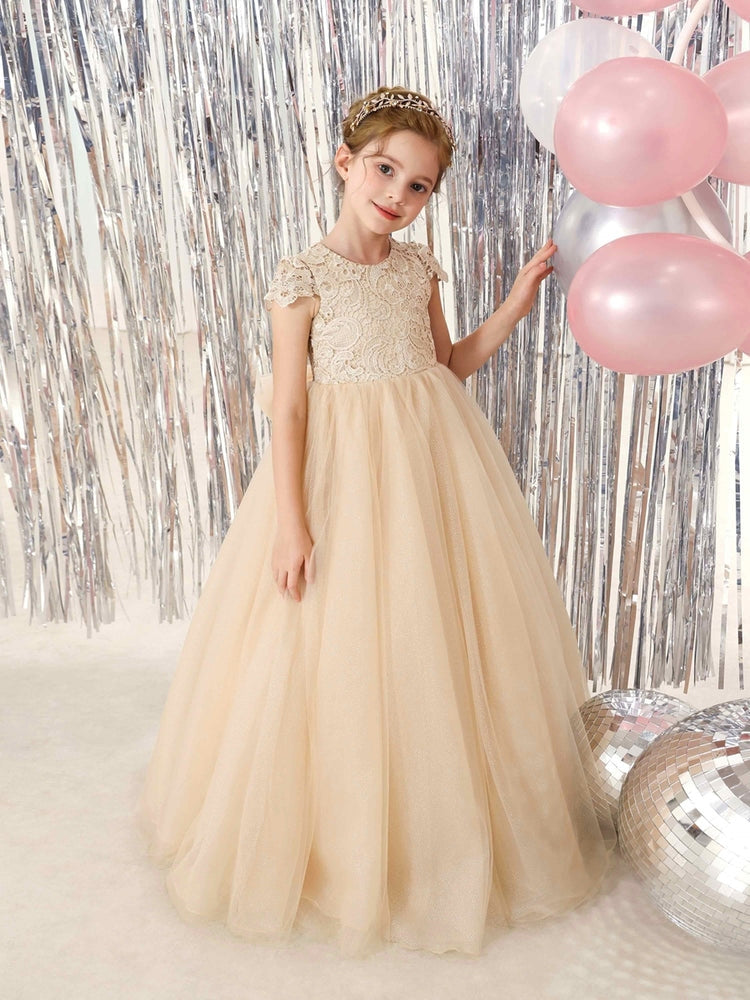 Champagne Lace Flower Girl Dress, Cap Sleeve Floor-Length Sparkly Tulle Princess Gown with Big Bow Back, Kids Pageant Birthday Wedding Party Dress