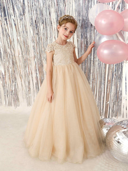 Champagne Lace Flower Girl Dress, Cap Sleeve Floor-Length Sparkly Tulle Princess Gown with Big Bow Back, Kids Pageant Birthday Wedding Party Dress