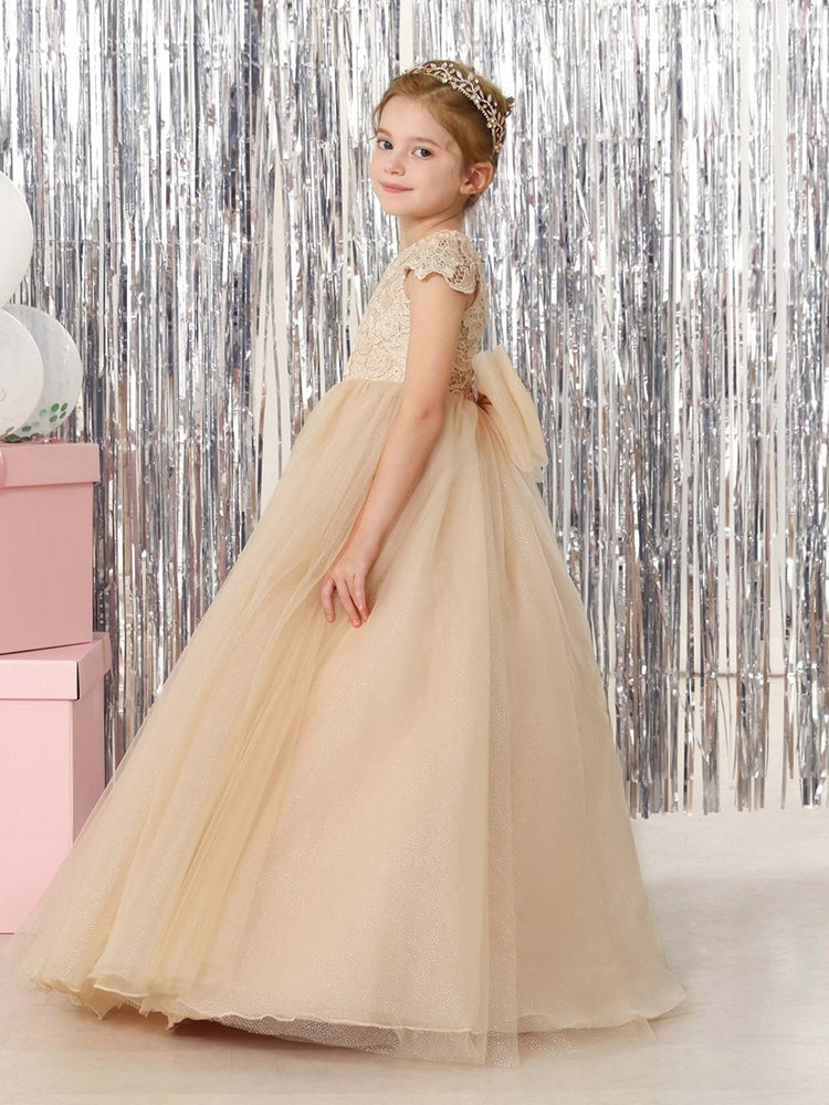 Champagne Lace Flower Girl Dress, Cap Sleeve Floor-Length Sparkly Tulle Princess Gown with Big Bow Back, Kids Pageant Birthday Wedding Party Dress