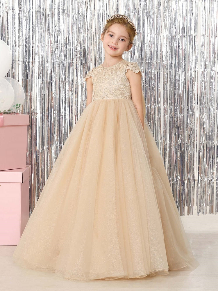 Champagne Lace Flower Girl Dress, Cap Sleeve Floor-Length Sparkly Tulle Princess Gown with Big Bow Back, Kids Pageant Birthday Wedding Party Dress