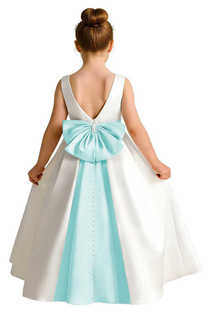 Sleeveless Satin Flower Girl Dress, A-Line Floor Length Gown with Big Bow & Pearl Back, Kids Wedding First Communion Dress