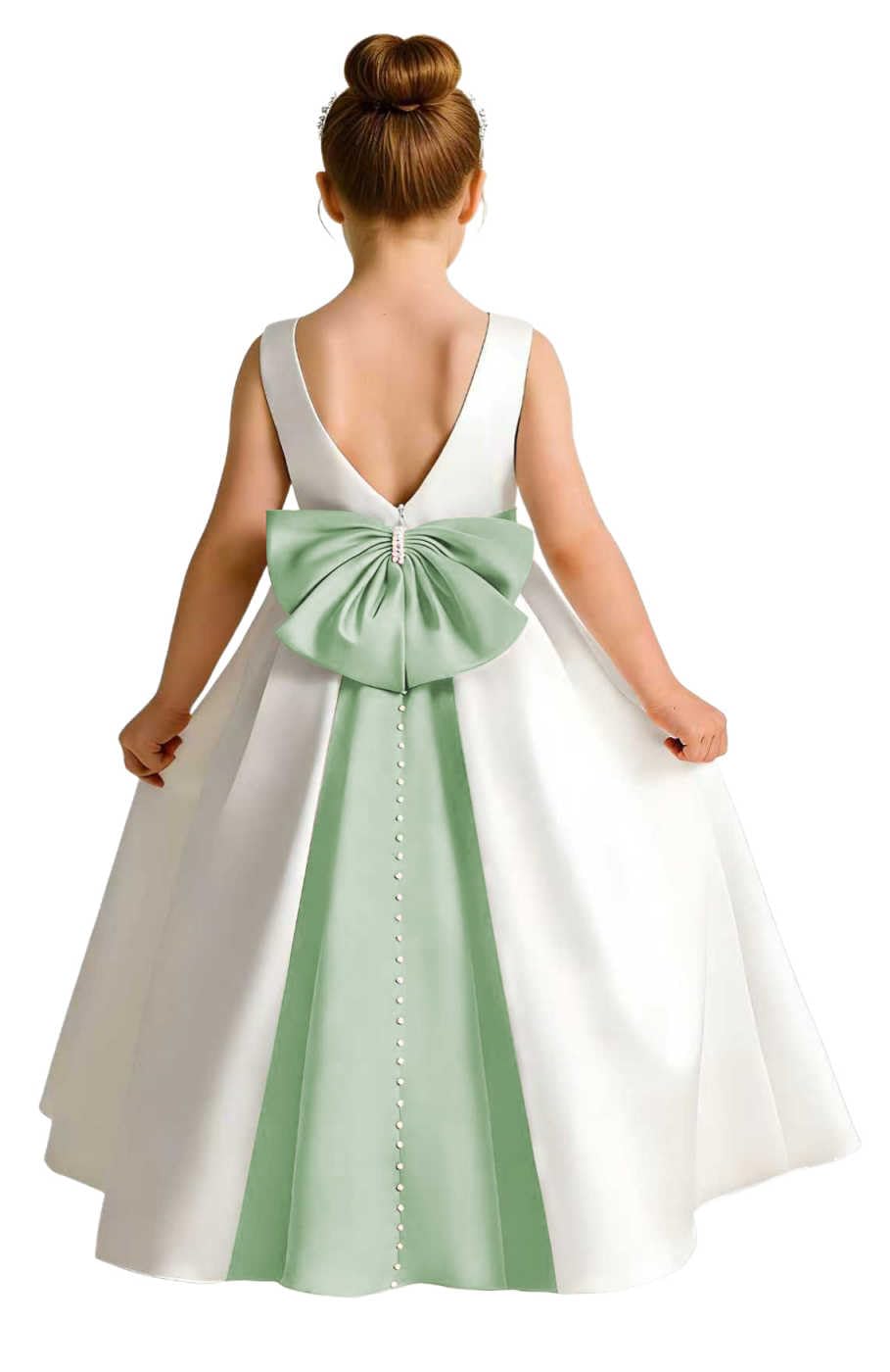Sleeveless Satin Flower Girl Dress, A-Line Floor Length Gown with Big Bow & Pearl Back, Kids Wedding First Communion Dress
